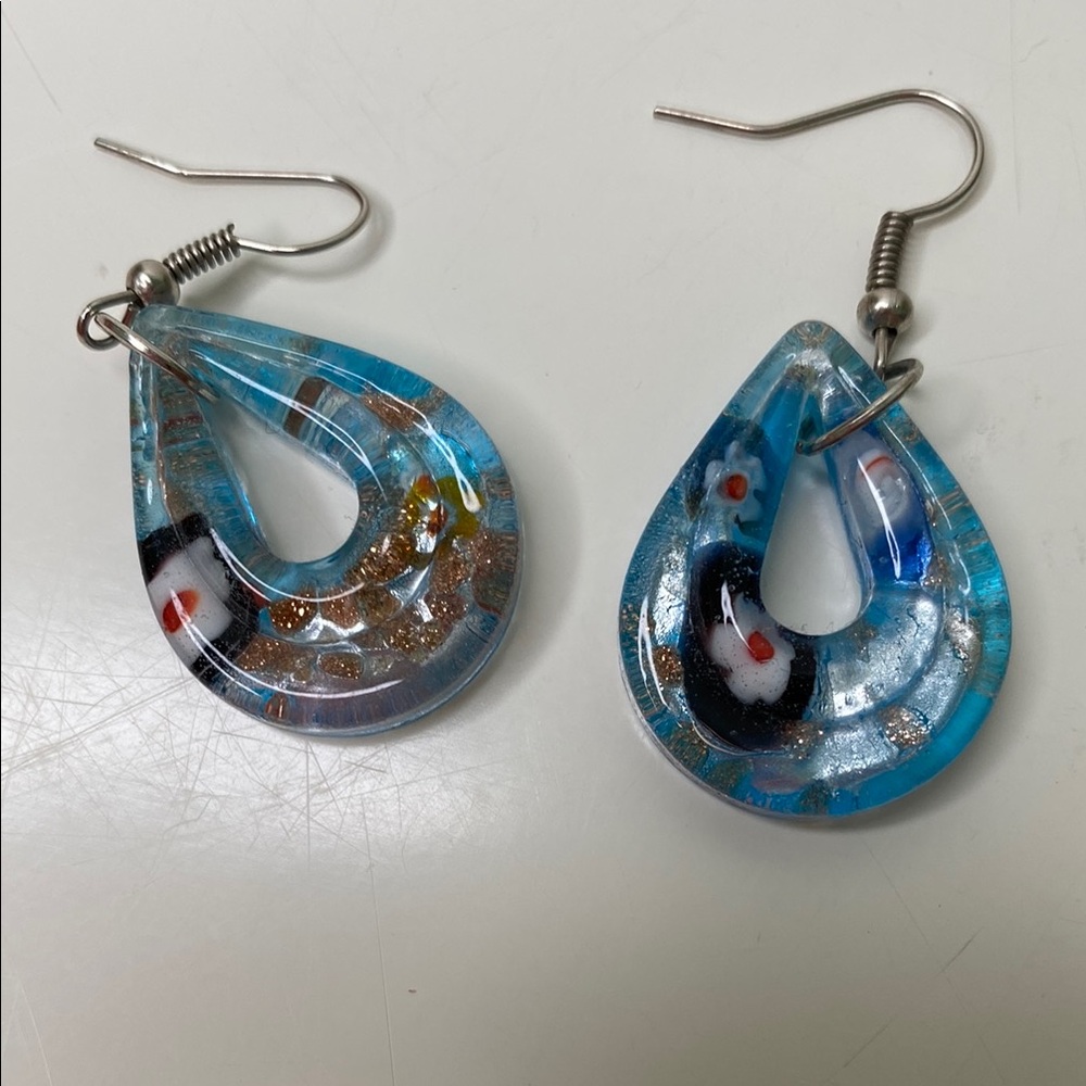 Millefiori Glass Pendant and Earrings Set Blue with Silver Open Teardrop Donut‎ - Picture 6 of 8